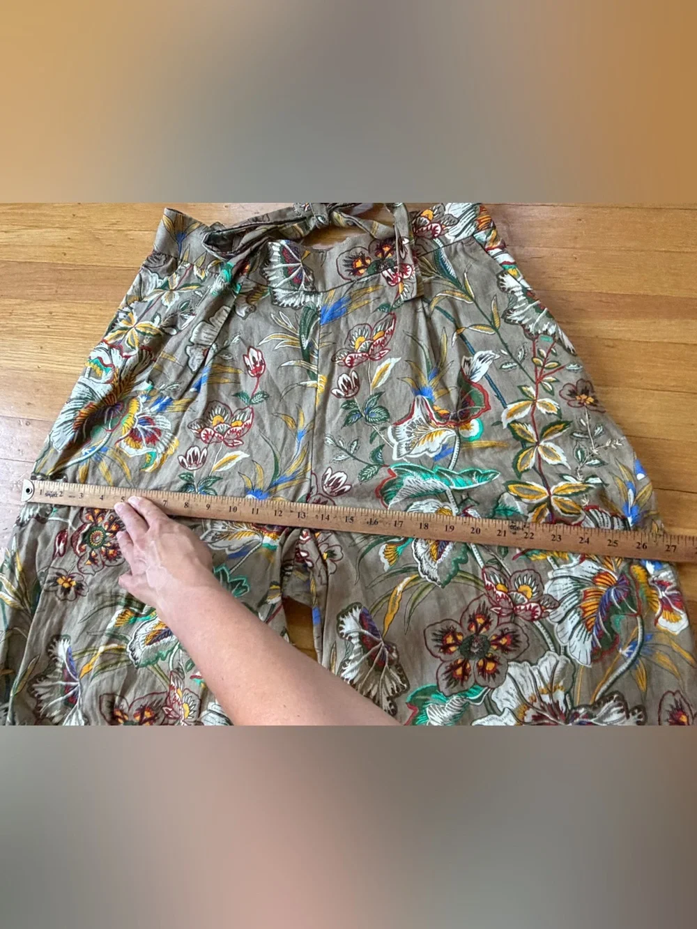 Banana Republic 100% Linen floral wide leg palazzo pants 12L 12 long khaki tan L